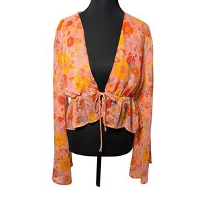 Wild Fable 70sInspired Retro Floral Ruffled Tie Front Blouse Women M Boho Spring